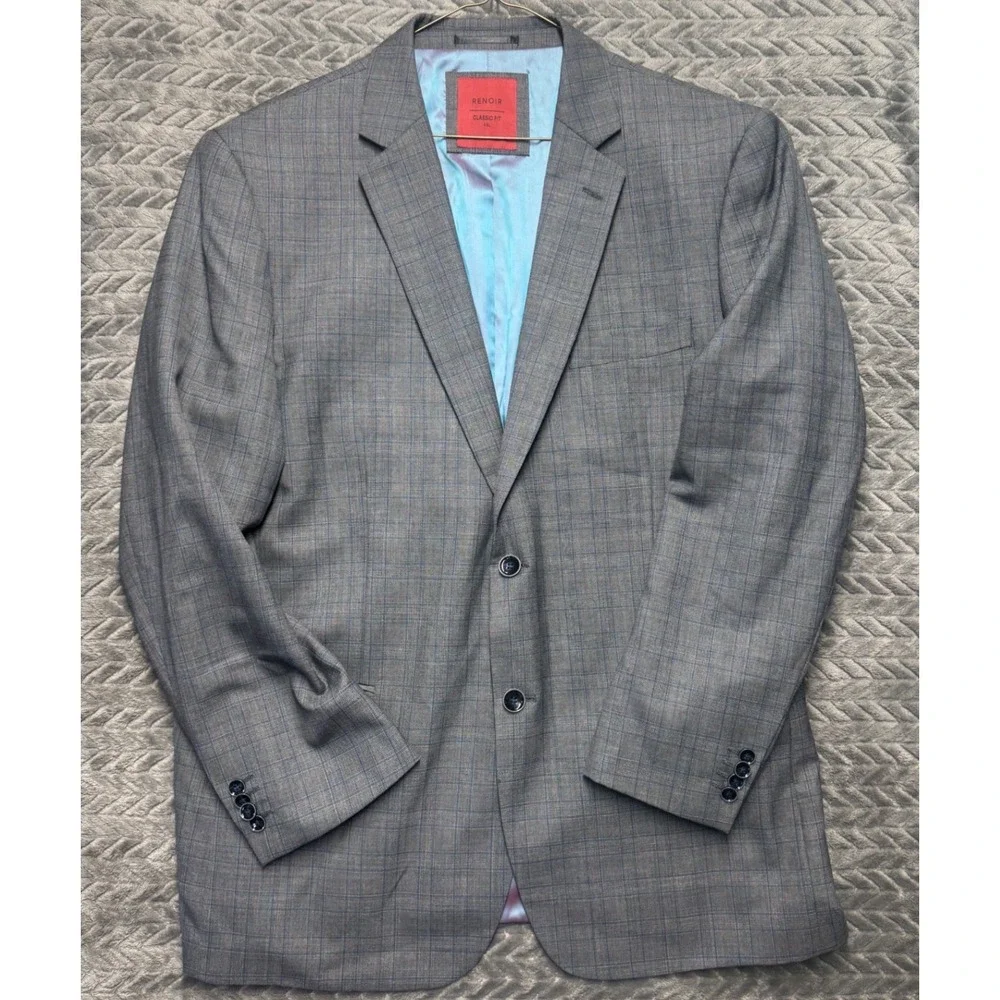 Renoir‎ Mens Classic Fit Gray Plaid Wool Blend 2 Button Blazer Jacket 46L 555-8